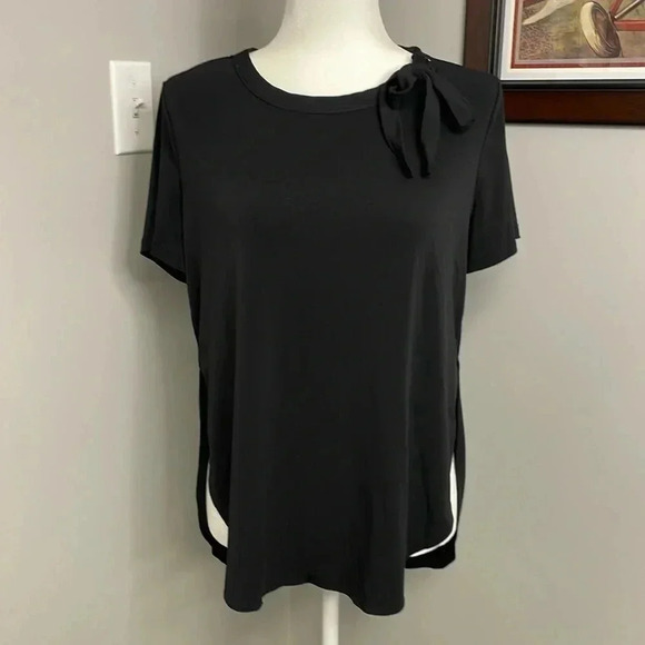 Banana Republic Tie Neck Short Sleeve High Low Shirt Size Medium Black Blouse - Picture 1 of 7